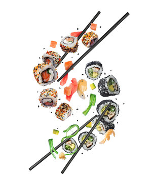 Floating sushi rolls with marinated ginger and various ingredients in the air on a transparent background