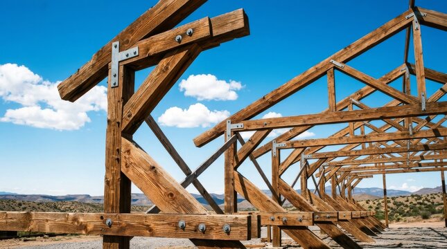 Wooden Timber Frame Construction Structure Under Blue Sky.