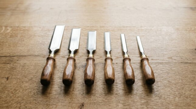 A set of six professional woodworking chisels arranged on a rustic wooden table.
