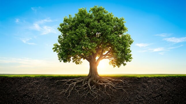 A lush green tree with deep roots symbolizing a strong foundation of thought.