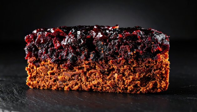 Rich dark chocolate cake slice with berry compote topping, close-up studio shot on black slate surface