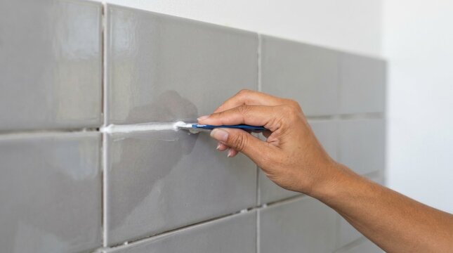 Professional worker applying white grout to grey wall tiles.