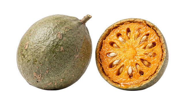 Whole and sliced ripe bael fruit showing orange pulp and seeds isolated on transparent background