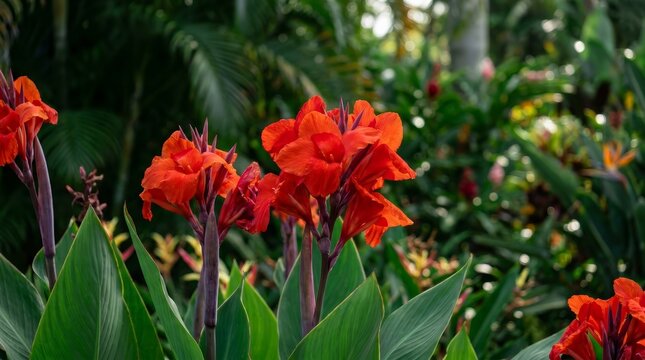 Vibrant red canna lilies blooming in a lush green garden.