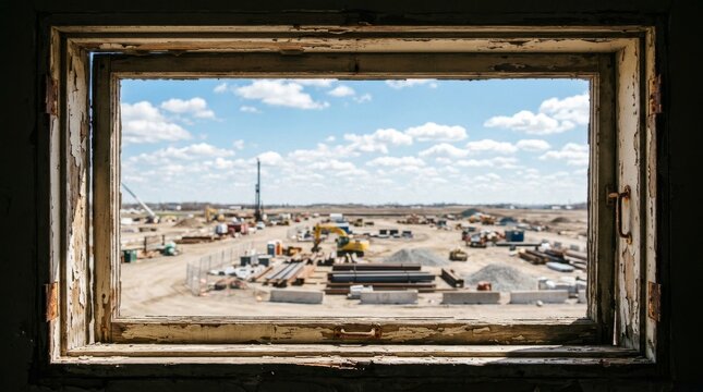 View of a construction site through an old wooden window frame.