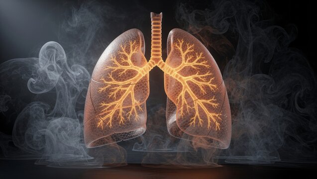 Realistic medical lungs with glowing inflamed bronchi surrounded dark smoke showing respiratory disease asthma pollution smoking damage healthcare anatomy diagnosis inflammation pulmonary risk warning
