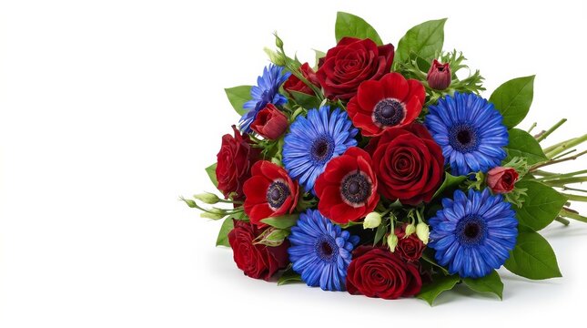 A vibrant bouquet featuring red and blue flowers on a white background.