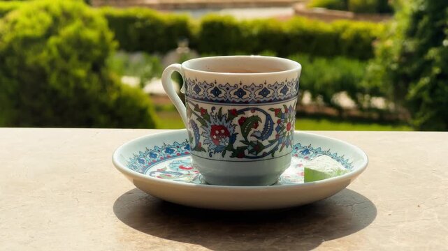 Cup of strong Turkish coffee served outdoors with lush green nature in the background. Peaceful morning atmosphere, relaxing break and traditional coffee culture in a scenic setting. High quality 4k