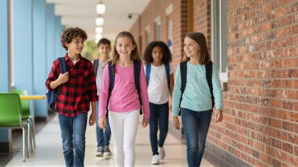 Obraz premium Students walking in a school hallway, in school corridor with brick walls and blue benches, with backpacks, benches, from a eye-level perspective perspective.
