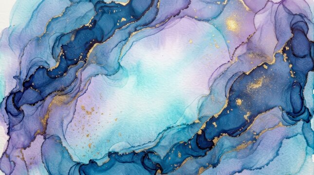 Abstract blue and purple watercolor background with minimalist gold accents.