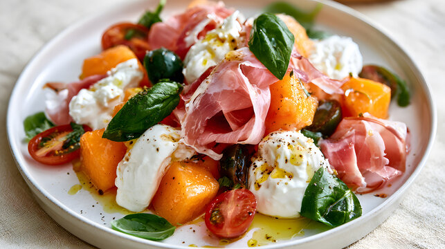 Prosciutto melon and burrata summer salad