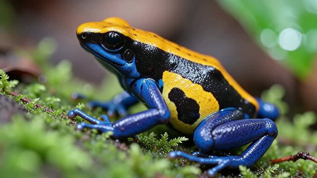 Colorful poison dart frog with yellow and black markings moves across a lush green mossy surface in a tropical rainforest environment, showcasing vibrant colors and textures