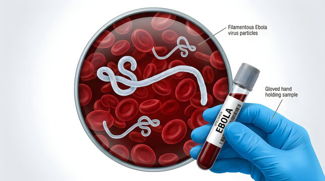 Gloved Hand Holding Ebola Virus Blood Sample Vial with Filamentous Virus Particles in Bloodstream