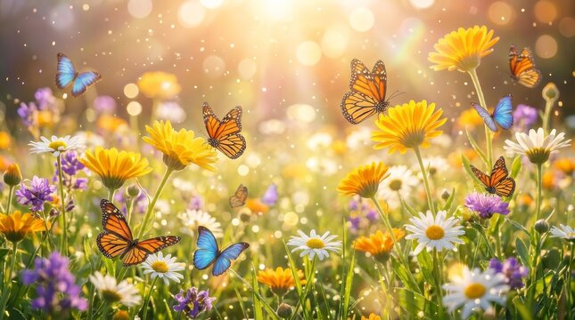 Beautiful spring background with colorful flowers and flying butterflies.