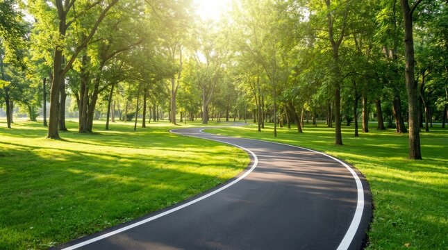 Sinuous asphalt track curving through a lush green public park with vibrant trees.