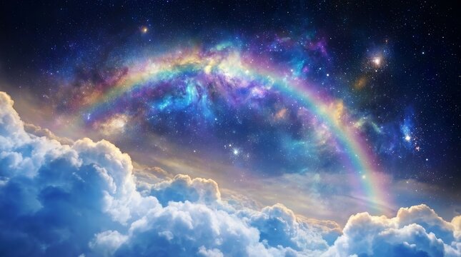 A dreamlike sanctuary in the clouds featuring a vibrant rainbow galaxy background.