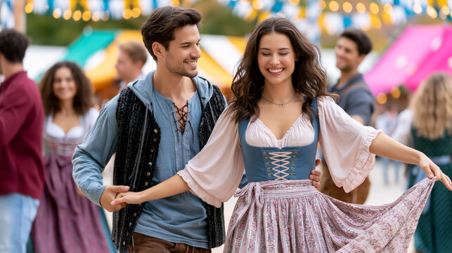 Young couple in traditional medieval costumes dance joyfully at a vibrant outdoor festival with colorful tents and festive decorations in the background