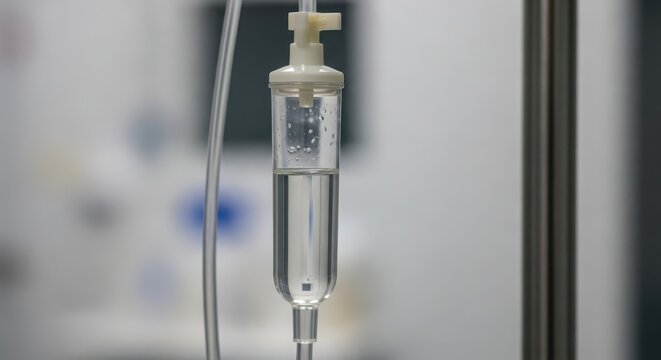 Close-up of a transparent intravenous IV drip bag and tubing filled with clear fluid, ready for patient therapy in a medical setting.