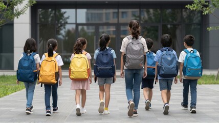 Fototapeta premium children walking schoolyard calm educational behind backpacks pavement clothing plastic blue yellow commercial natural light