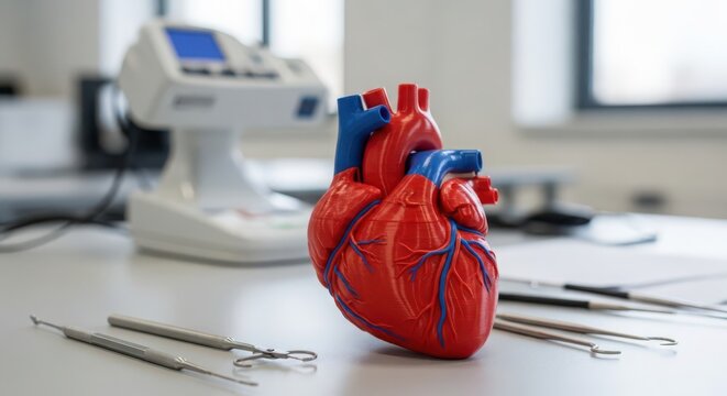 Detailed 3D printed anatomical heart model on a laboratory table with medical instruments and equipment
