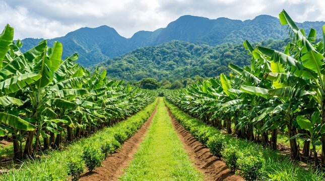 Dense banana plant rows amidst lush green tropical foliage in Guadeloupe.