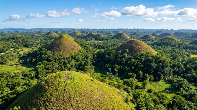 Symmetrical Chocolate Hills in Bohol under a clear blue sky.