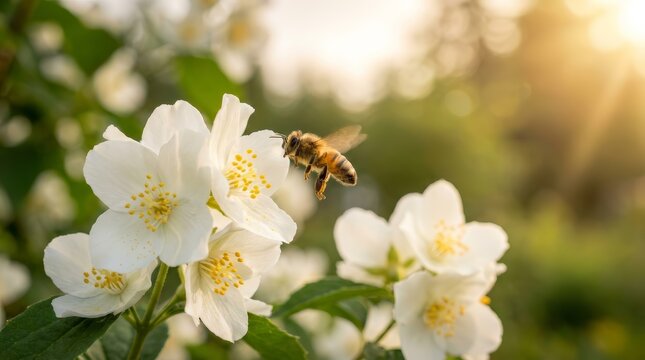 A honeybee hovering in mid-air over white mock orange blooms in an Alaska garden.
