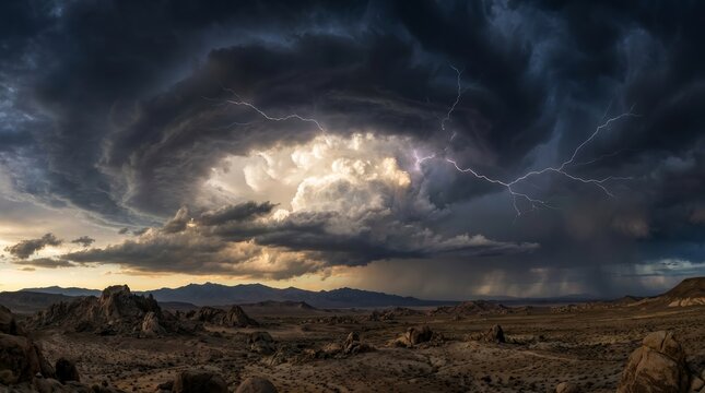 A towering cumulonimbus cloud with lightning flashes over a desolate wasteland.