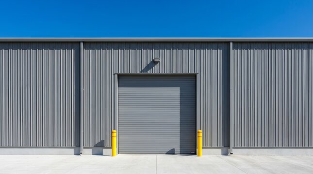 Sleek contemporary warehouse with a gray corrugated metal facade and a large garage door.