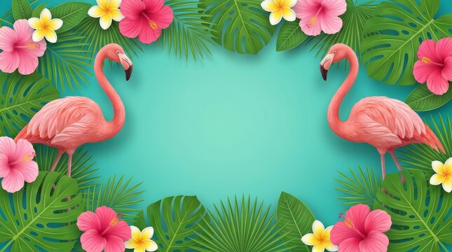 Tropical summer background featuring pink flamingos and exotic flowers.
