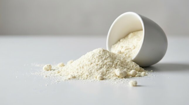 Spilled milk powder forming a pile next to a white cup.
