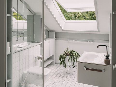 Bright modern bathroom with skylight and white tiles