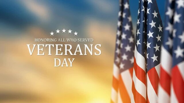 Veterans day tribute with american flags at sunset