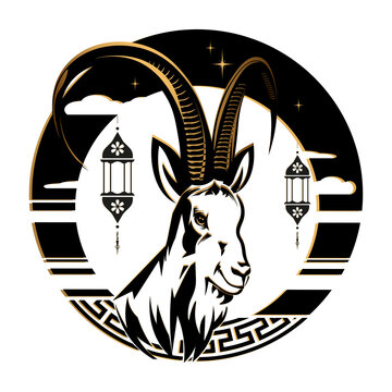 Chinese New Year. Emblem with a goat silhouette in an abstract circular frame.