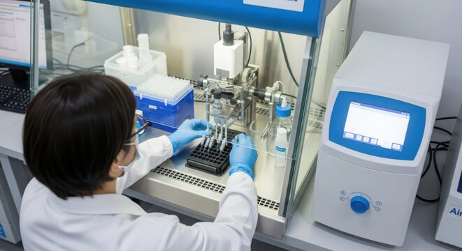 Laboratory technician meticulously preparing samples within a sterile biosafety cabinet for scientific research and analysis.