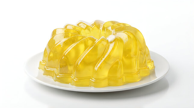 A bright yellow gelatin dessert mold served on a clean white plate isolated on a white background for a refreshing and sweet summer food concept