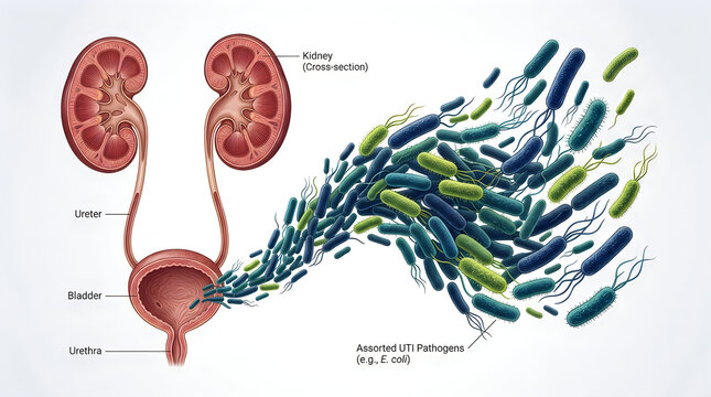 Human Urinary Tract Anatomy with Kidney Bladder Ureter and Bacterial UTI Pathogens E Coli Illustration