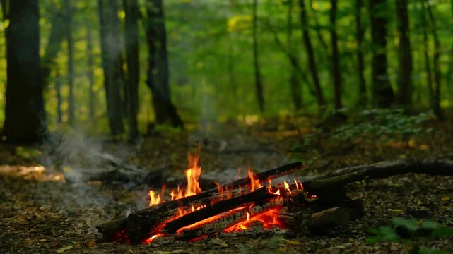Seamless loop of a cozy campfire in a lush green forest with realistic audio. Relaxing background video with fire crackling sound for ASMR, sleep, study and meditation.
