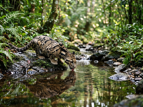 Clouded leopard drinking water from calm forest stream with reflection, soft morning light, peaceful wildlife moment