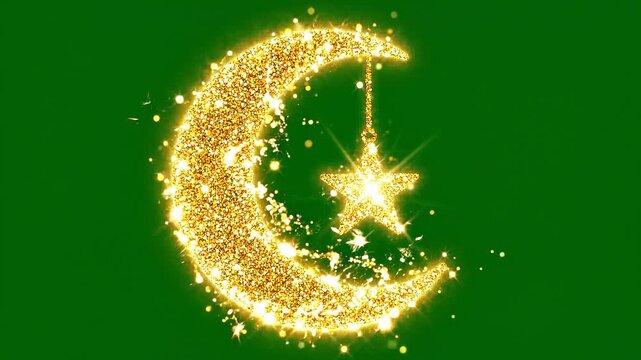 Golden crescent moon and star with sparkling particles on dark green background