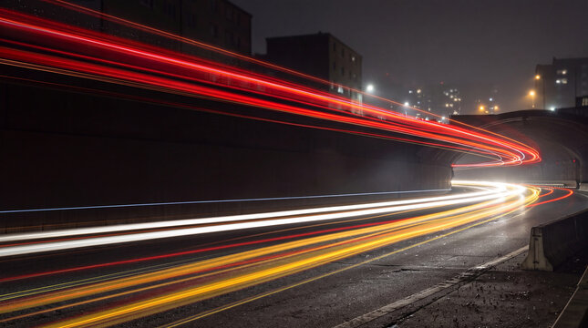 Dynamic long exposure of vehicle light trails inside a modern road tunnel at night.