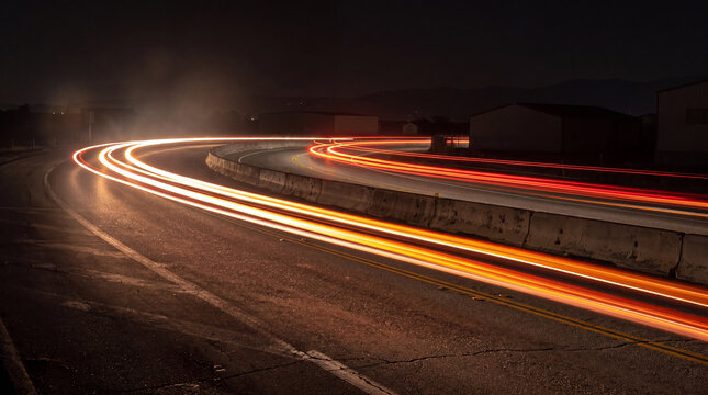 Captivating long exposure photograph of vibrant orange and red car light trails on a dark, curved highway at night.