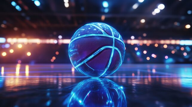Glowing holographic basketball on modern court with cyber blue light futuristic sport technology athletic performance competition training innovation immersive stadium game background concept scene