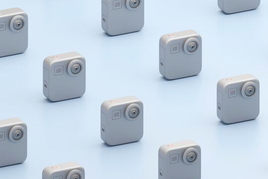 3D render of a compact action camera pattern on blue background