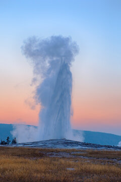 USA, Wyoming, Yellowstone National Park, Old Faithful Geyser erupting at sunset