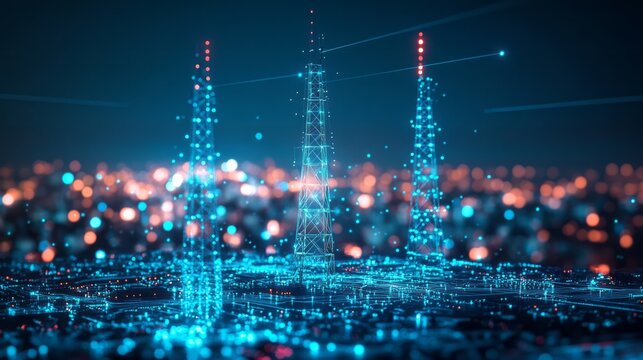 Telecommunication towers standing illuminated city skyline with digital network overlay wireless data transmission 5G infrastructure internet connectivity and futuristic smart urban technology scene
