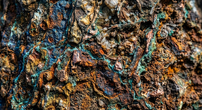 Texture min&eacute;rale oxidized complexe aux reflets de cuivre et incrustations cristallines
