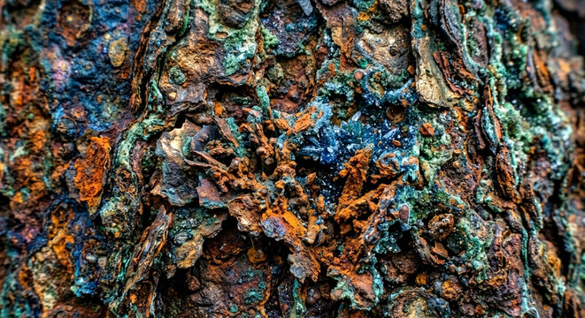 Geode min&eacute;rale bleue ench&acirc;ss&eacute;e dans une roche fortement oxyd&eacute;e et &eacute;rod&eacute;e