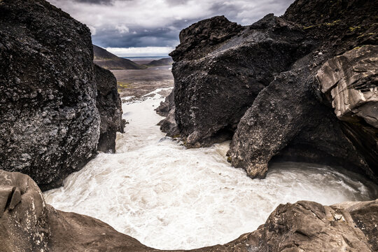 Powerful N�ifoss waterfall surging through volcanic rock in Iceland