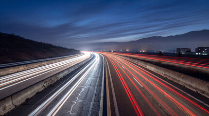 Captivating long exposure photograph of a busy highway at night, showcasing vivid white and red light trails. © David